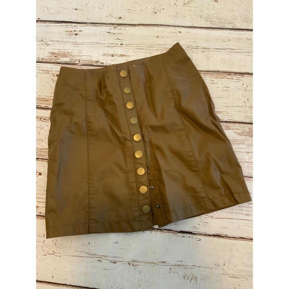 Free People Oh Snap Faux Leather Mini Skirt Brown Olive Snap Front Size 0